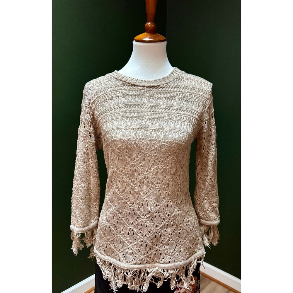 Sunny Leigh Tan‎ Crochet Fringe Boho Chic Sweater Women's M
